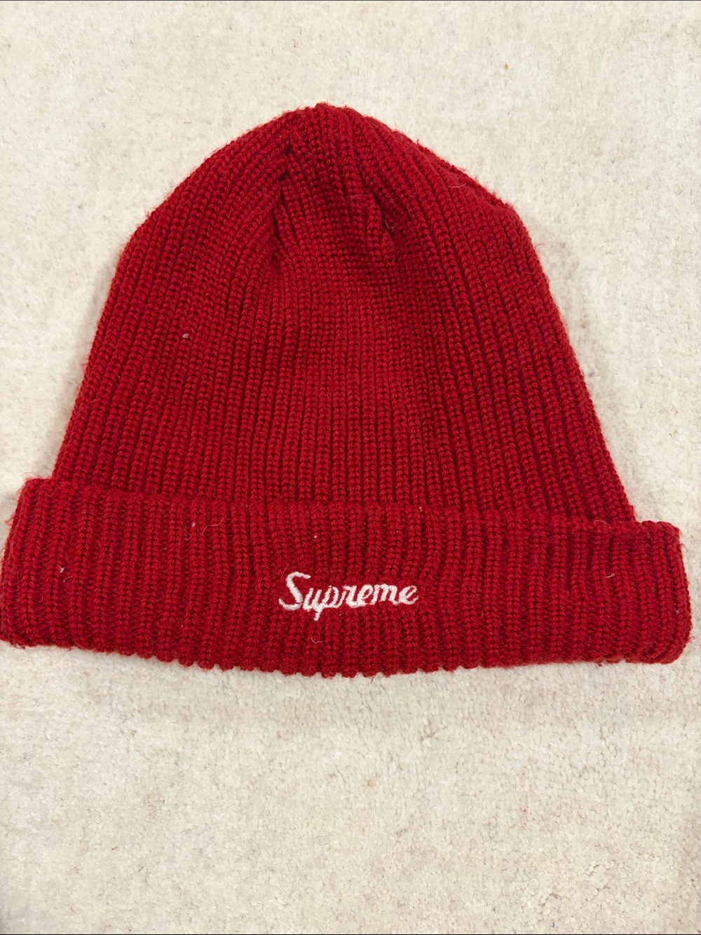 Supreme Kids Red Ribbed Beanie with White Logo